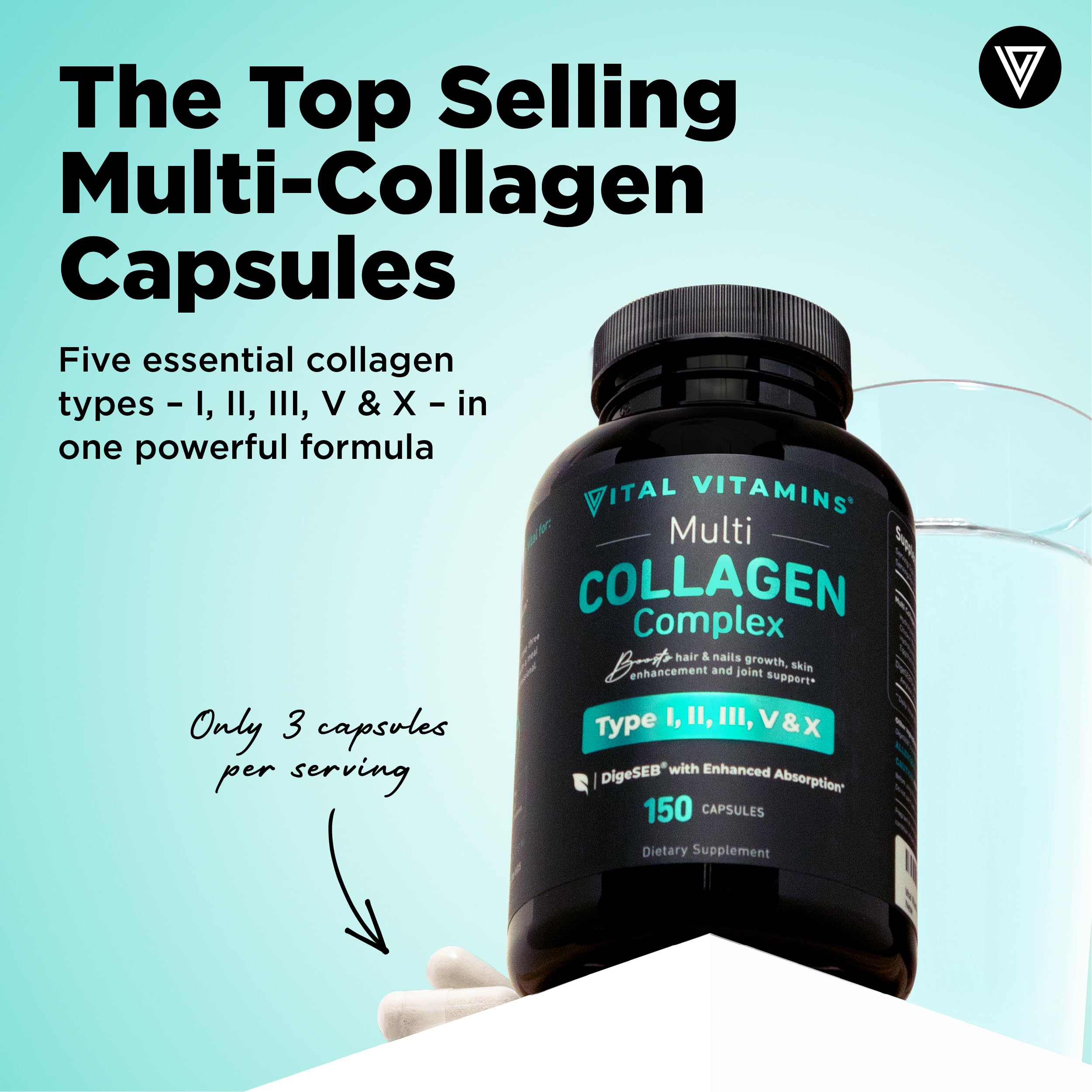 Vital Vitamins Multi Collagen capsules closeup highlighting compact on the go form.