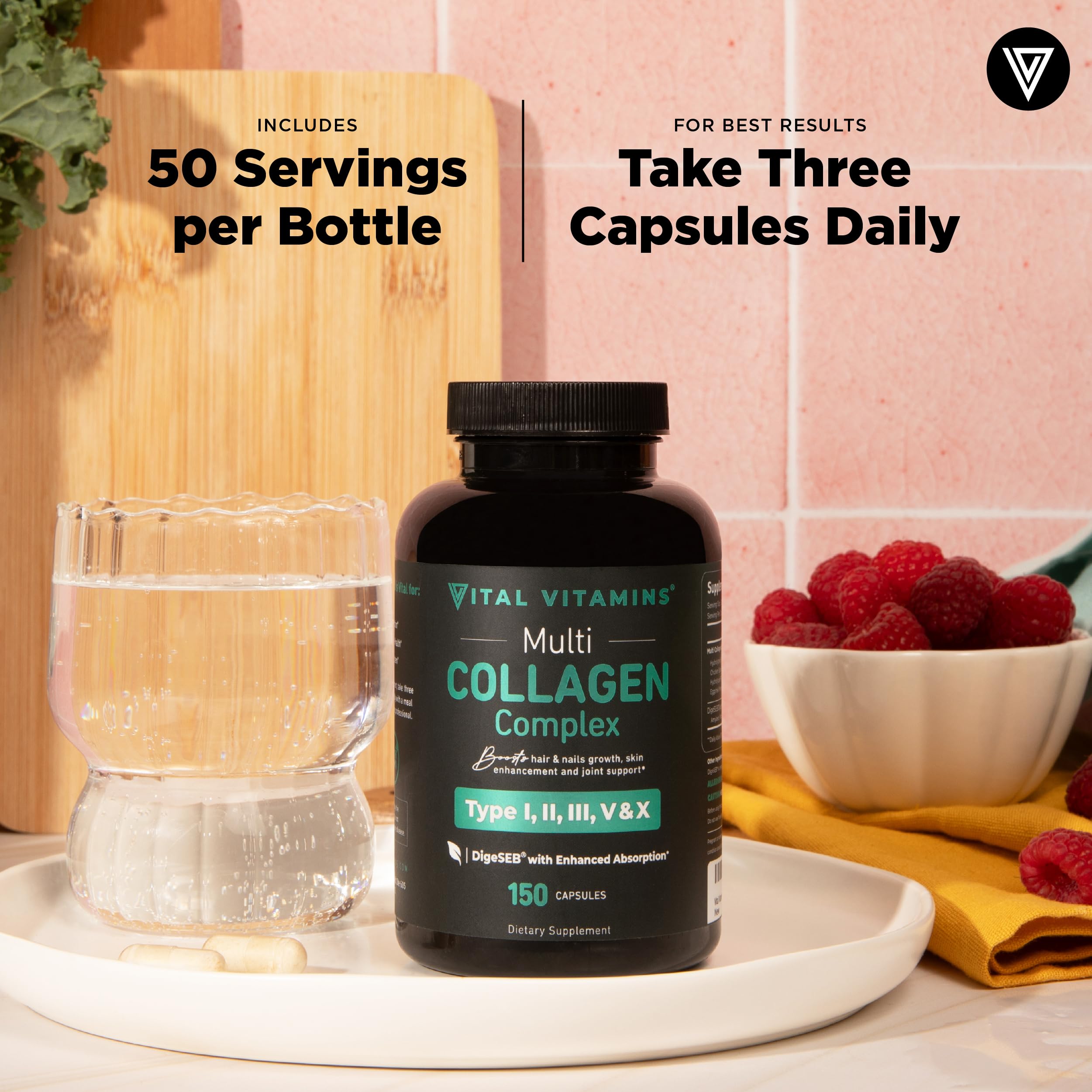 Vital Vitamins Multi Collagen capsules on table highlight easy to swallow daily capsules.