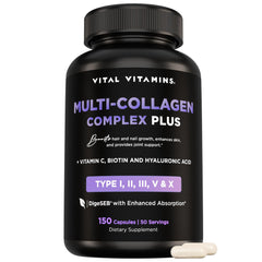 Vital Vitamins Multi Collagen Complex bottle pouring capsules for daily beauty support
