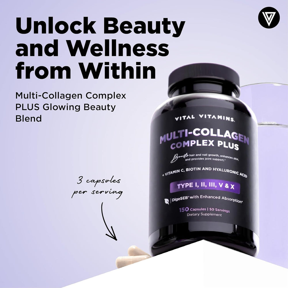 Vital Vitamins Multi Collagen Plus capsules closeup for easy daily supplementation.