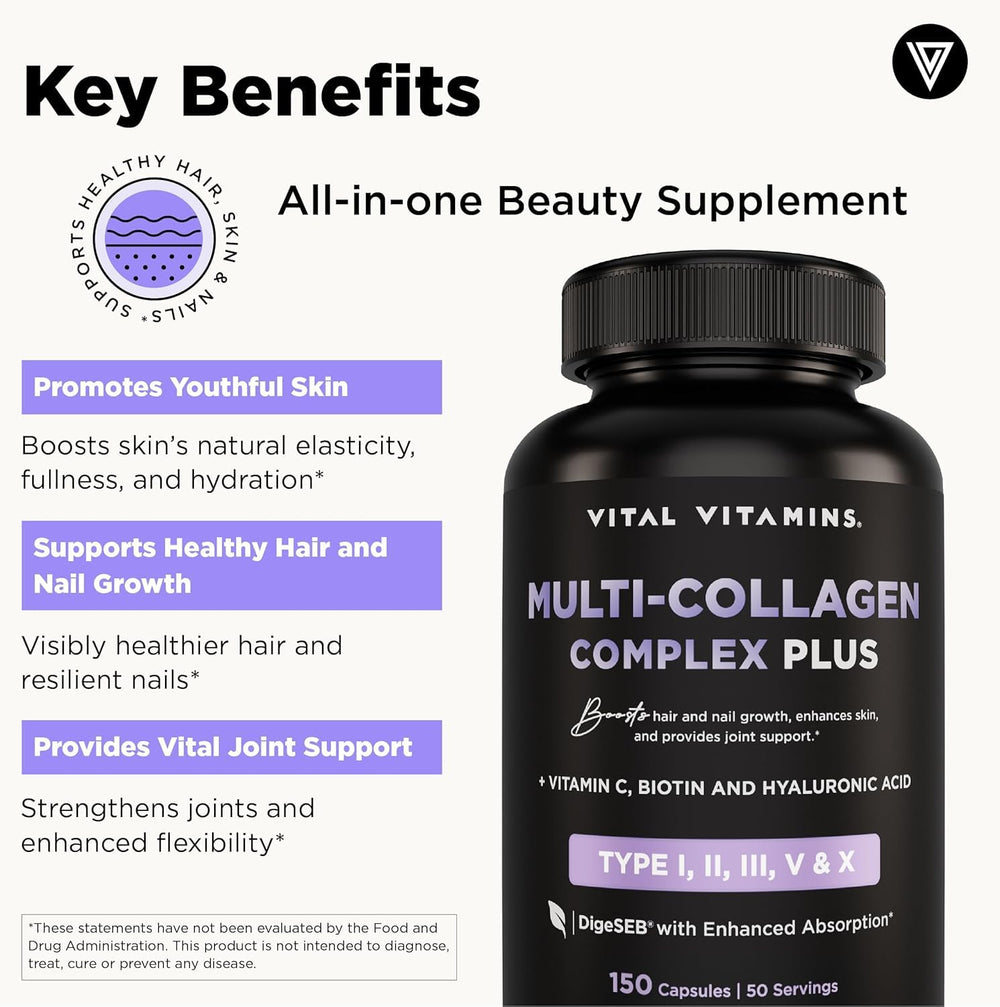 Vital Vitamins Multi Collagen Plus label detail with biotin and hyaluronic acid.