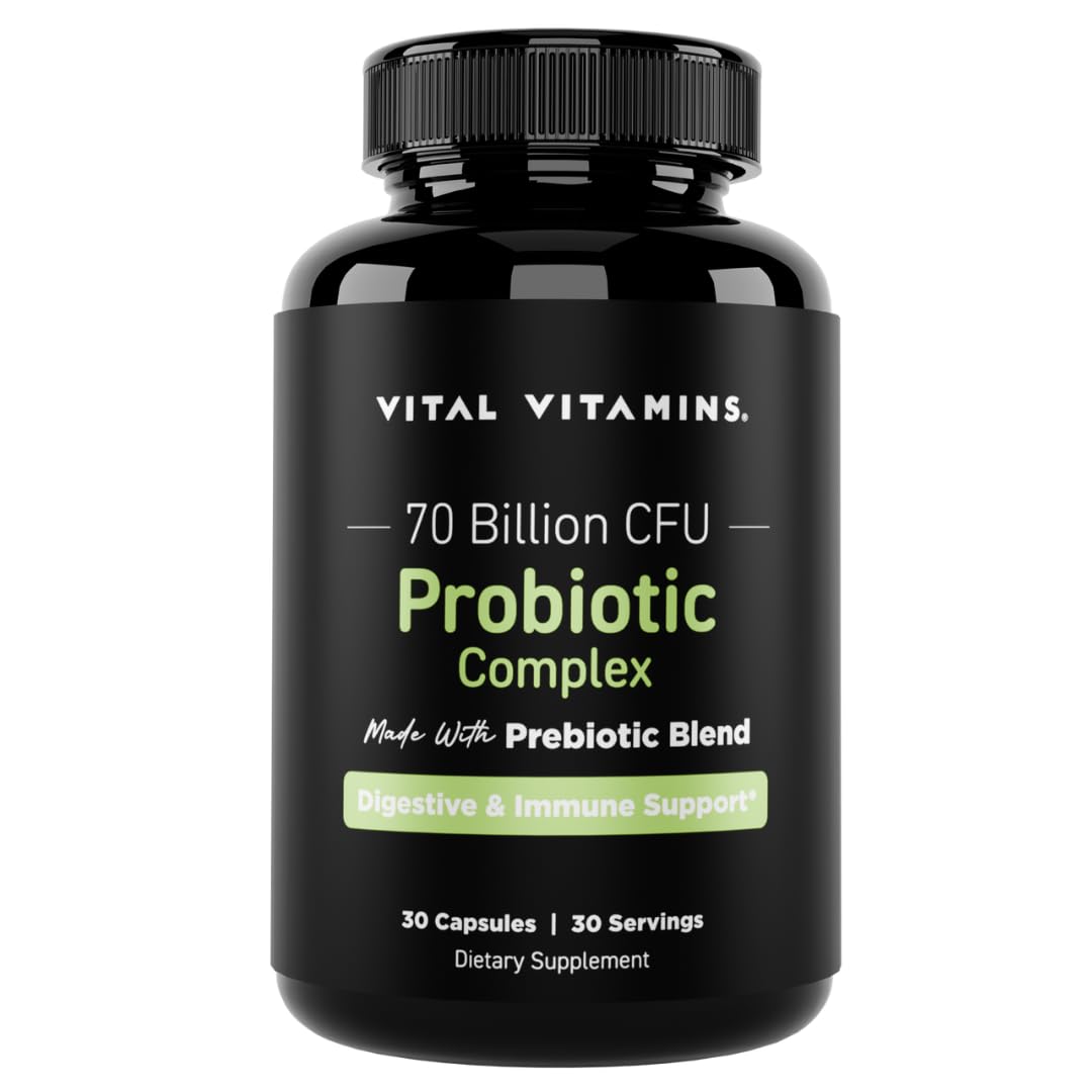 Vital Vitamins Probiotic Complex bottle showing 70 billion CFU potency for gut balance