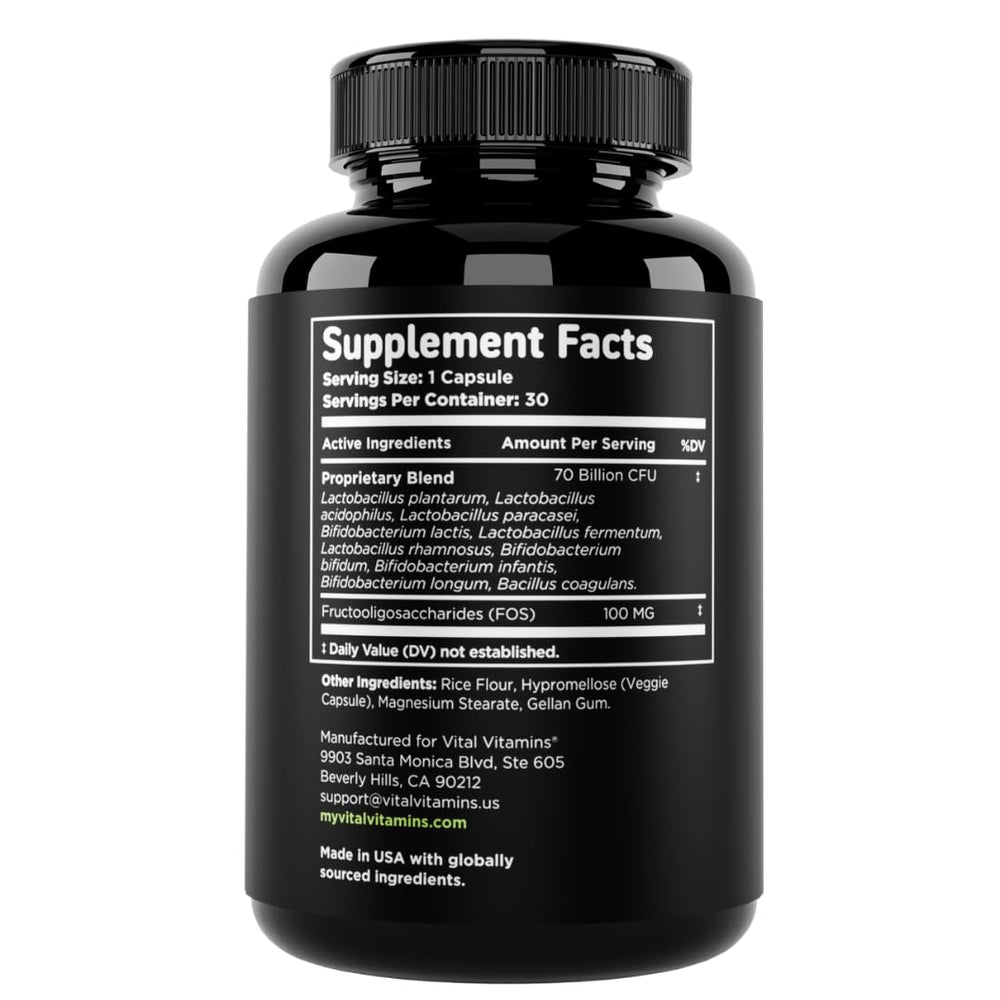 Vital Vitamins Probiotic Complex label highlights immune support potential through a probiotic blend