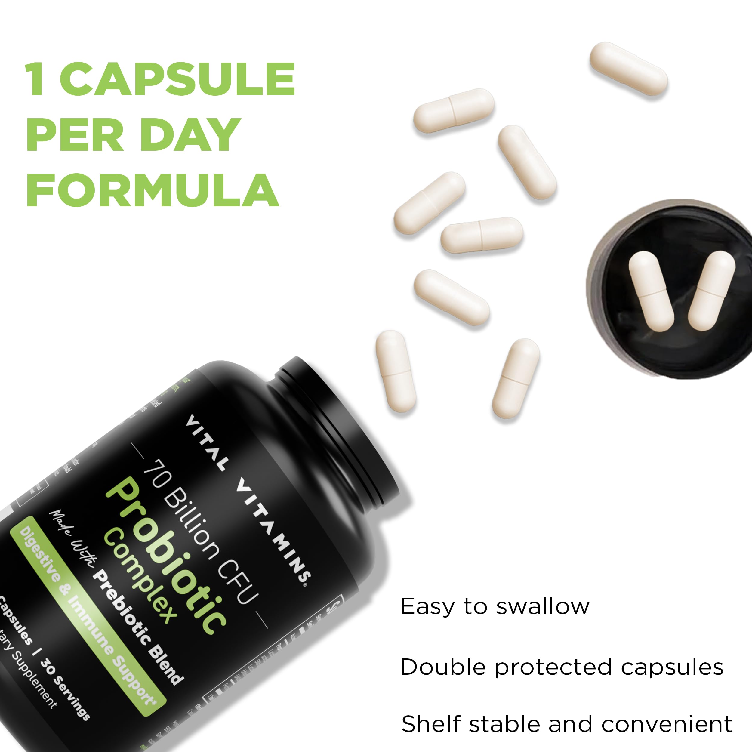 Vital Vitamins Probiotic Complex bottle shown with no-refrigeration design, ideal for travel