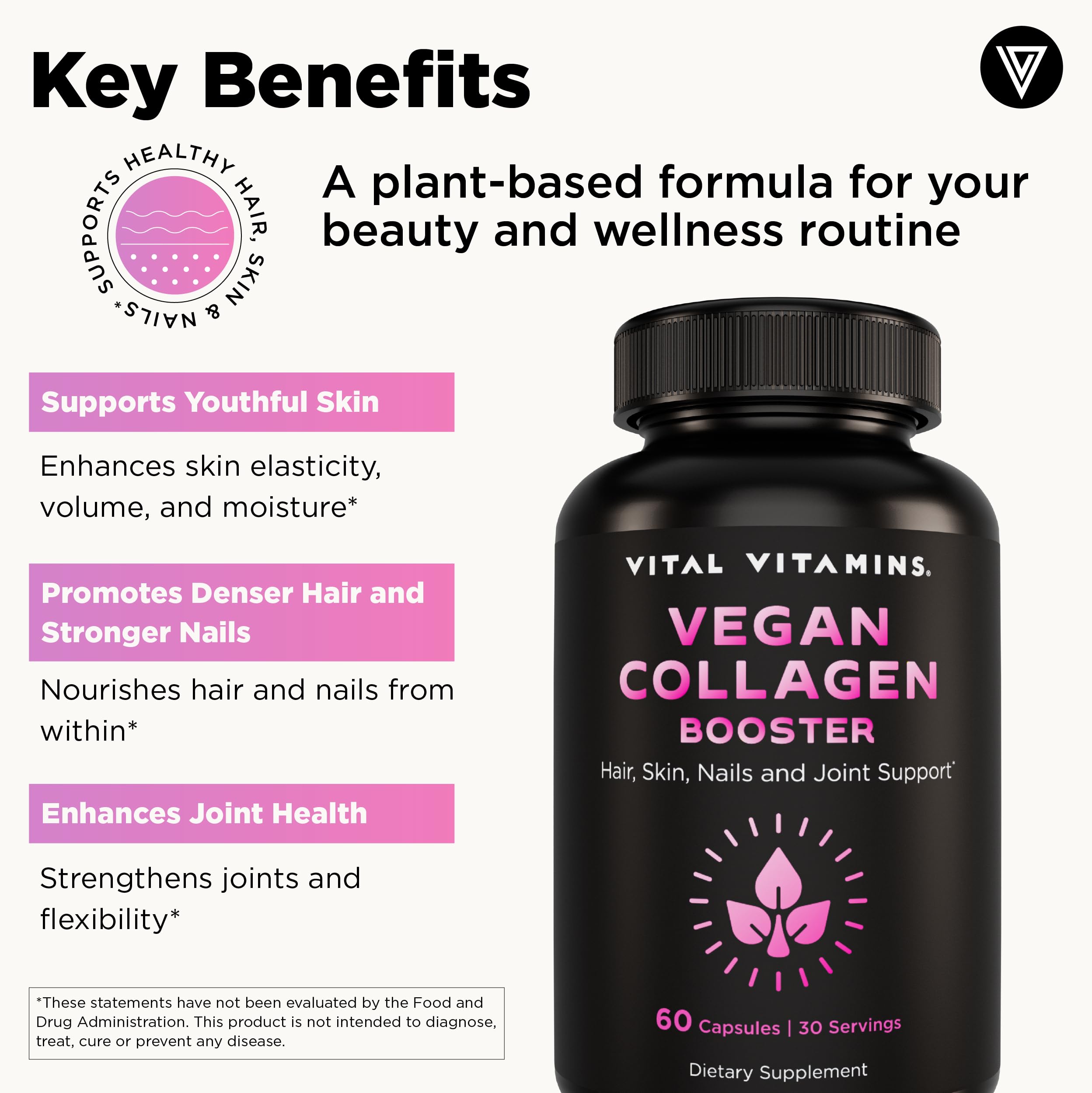 Vital Vitamins Vegan Collagen Booster packaging highlighting vegan, eco-friendly design