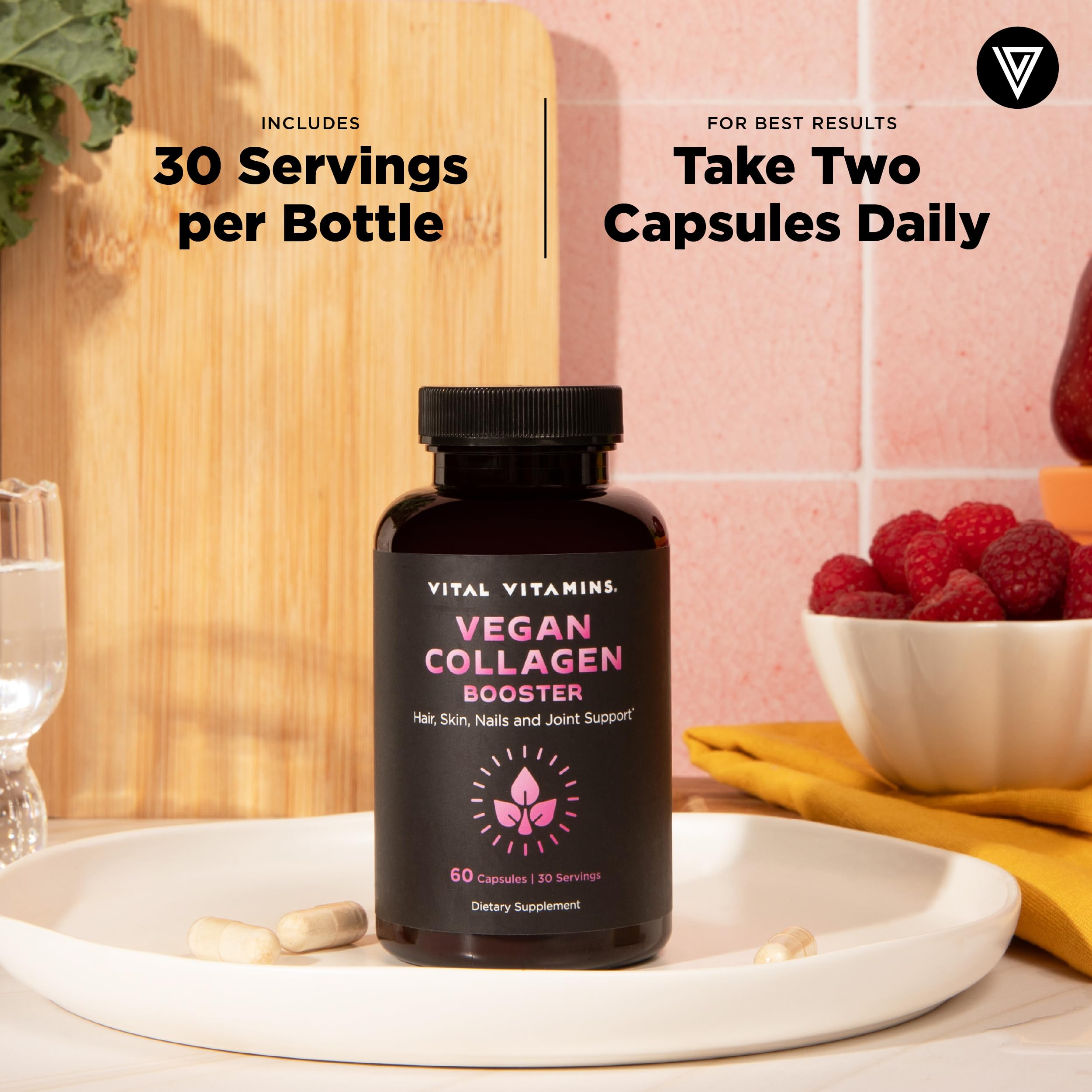 Vegan label on Vital Vitamins Vegan Collagen Booster emphasizing sugar-free and gluten-free