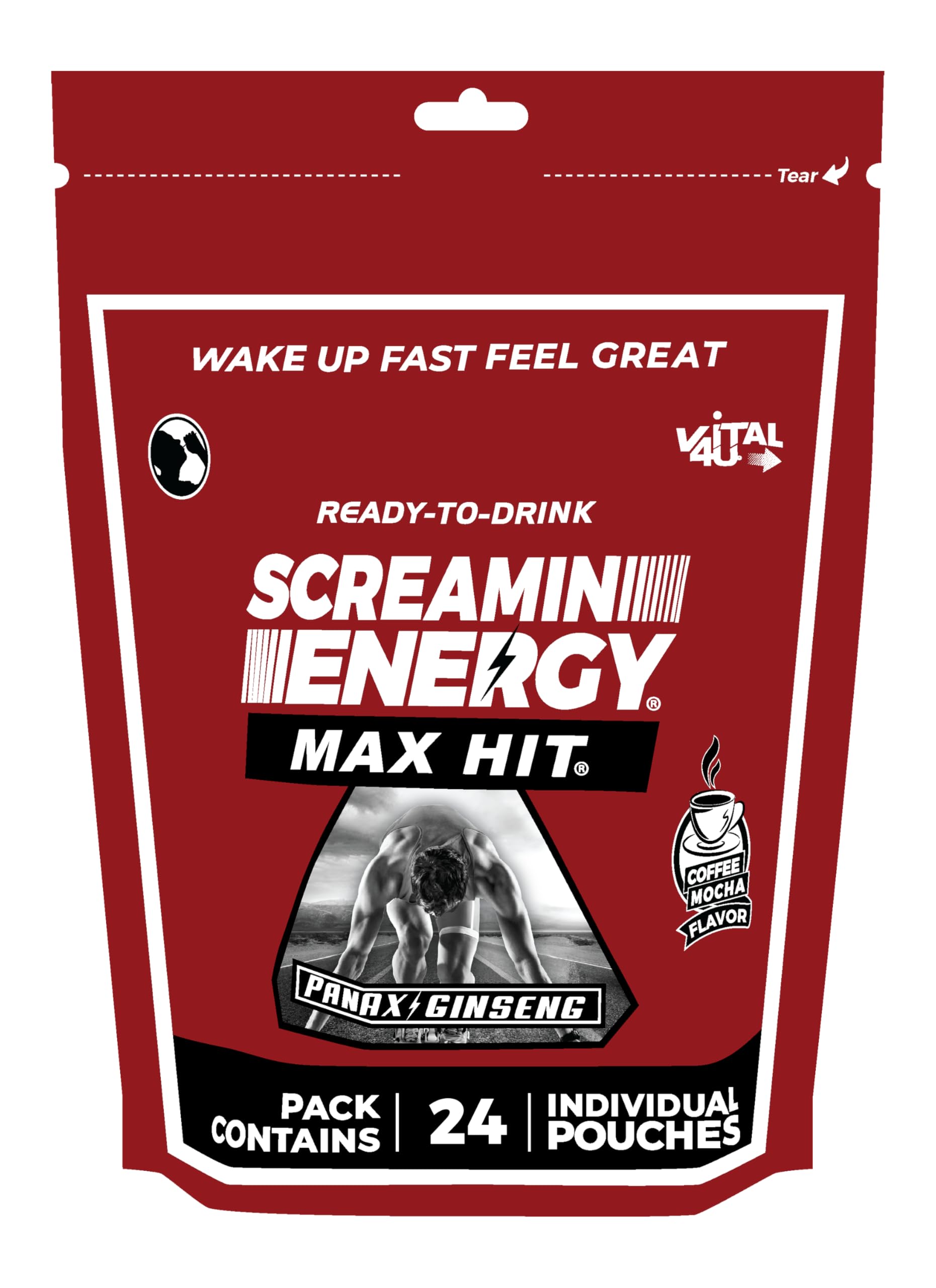 VITAL 4U Screamin Energy Max Hit front label boosts quick on-the-go energy.