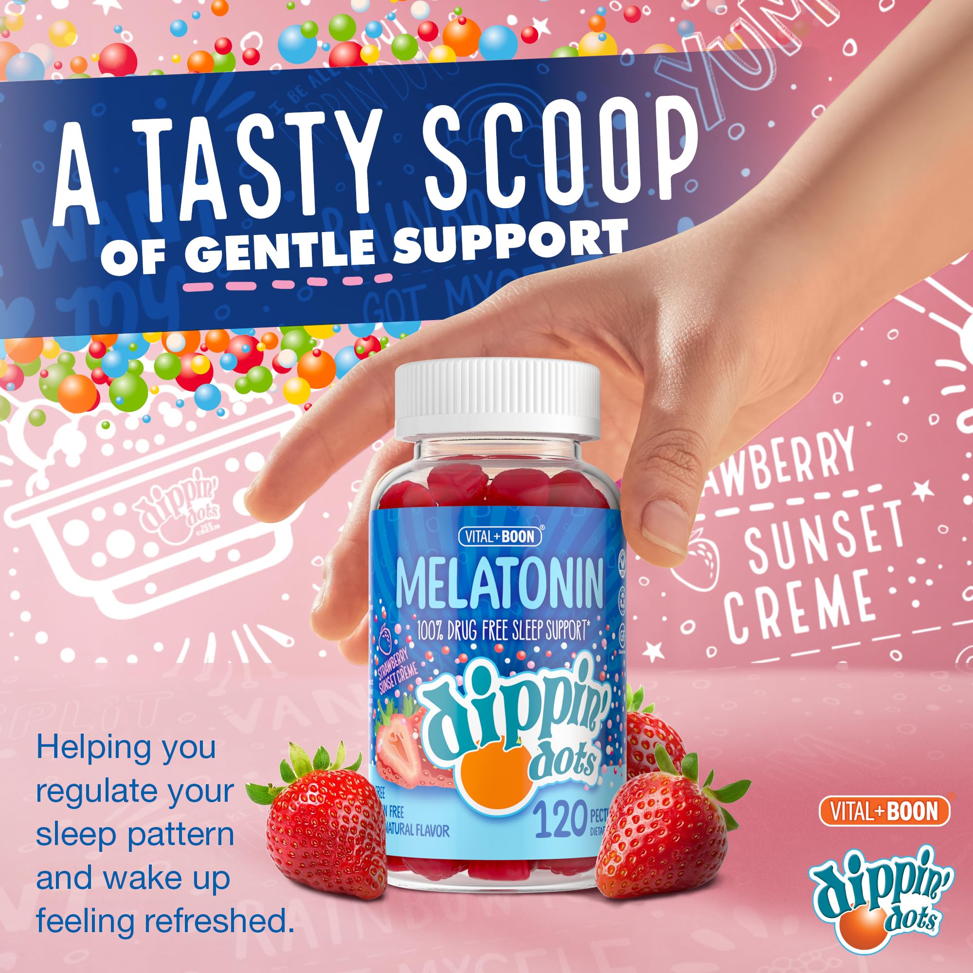 Vital+Boon Dippin Dots gummies in hand showing serving size.