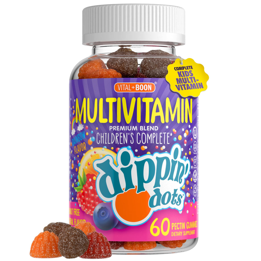 Vital+Boon Dippin' Dots multivitamin bottle front for daily vitamin intake.