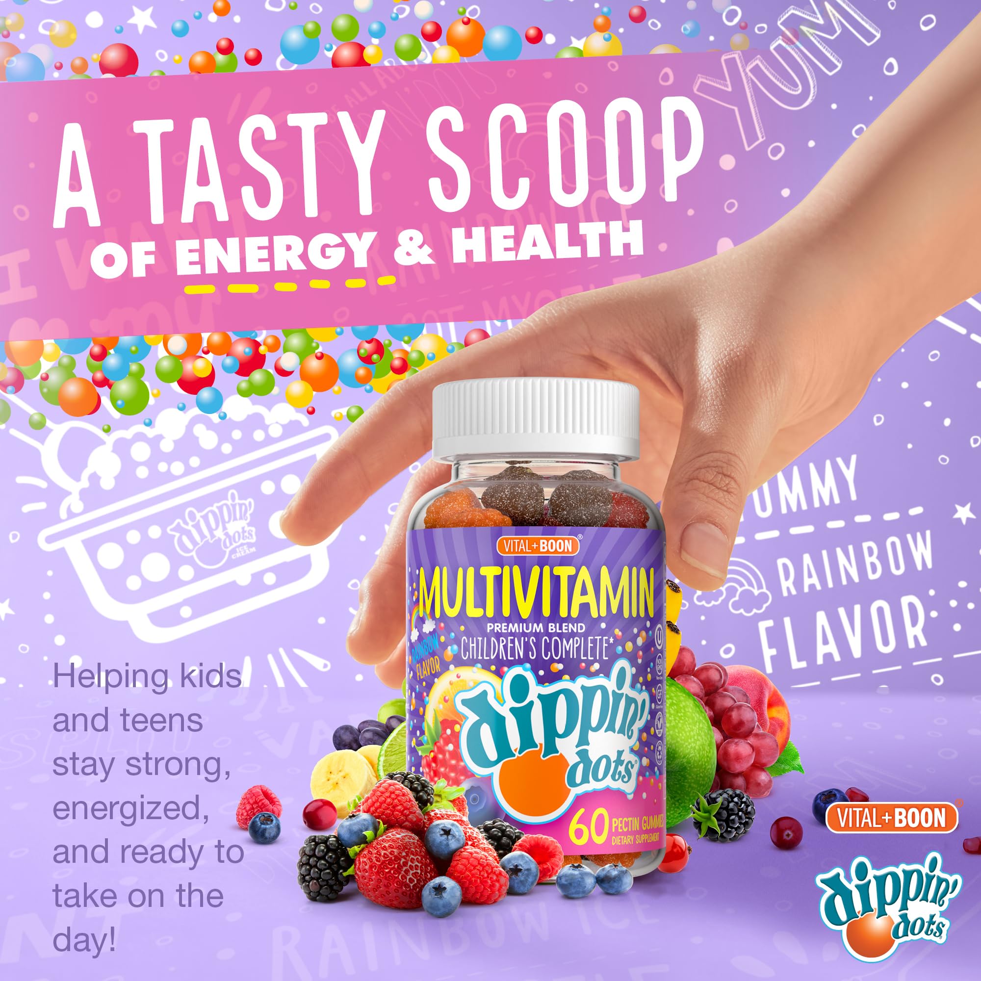 Vital+Boon Dippin' Dots bottle with spoon for easy daily use.