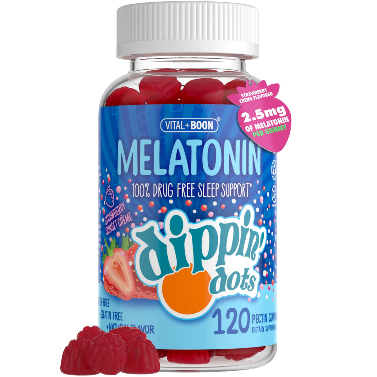 Vital+Boon Dippin Dots melatonin bottle for easy nightly sleep support.