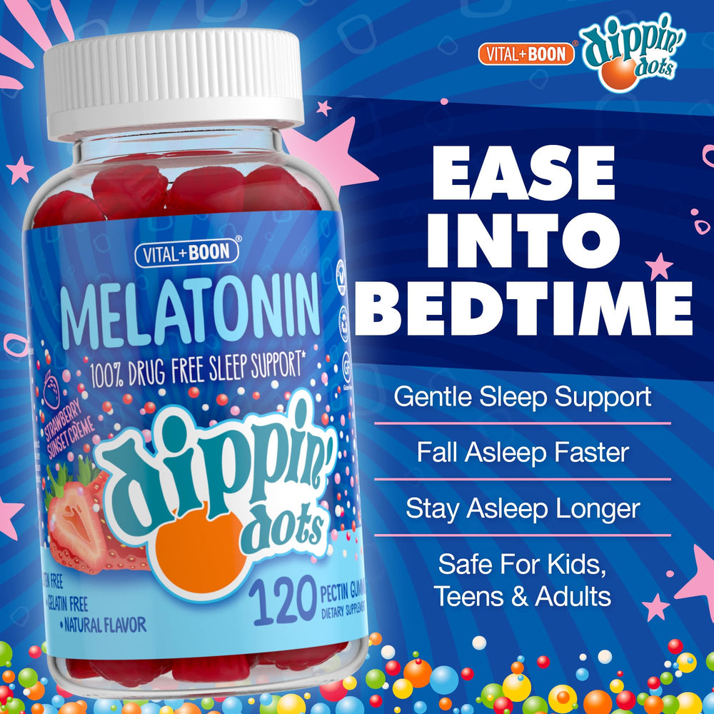 Vital+Boon Dippin Dots melatonin gummies closeup highlighting strawberry creme flavor.