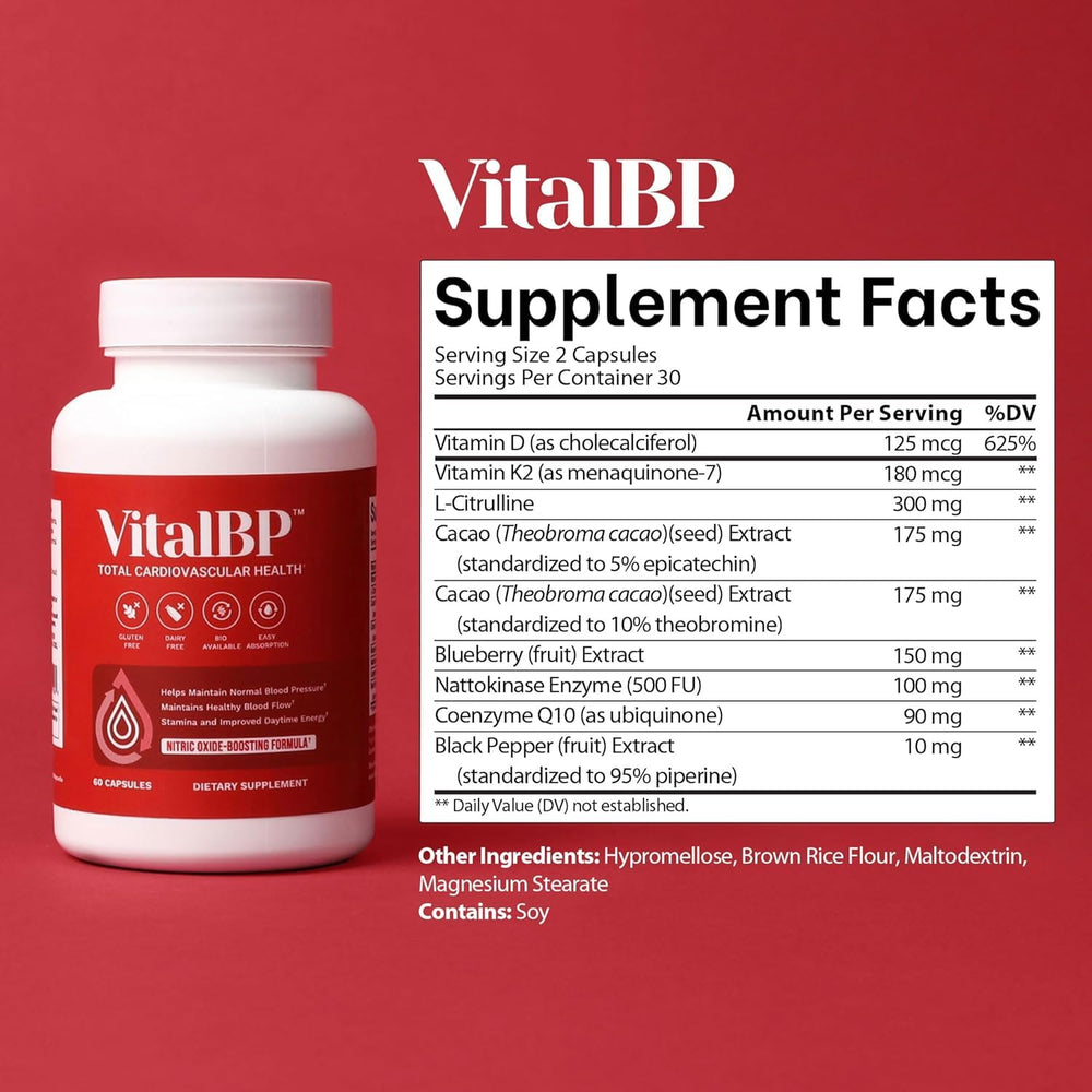 VitalBP Vitamin D3 and K2 softgels for arterial health.