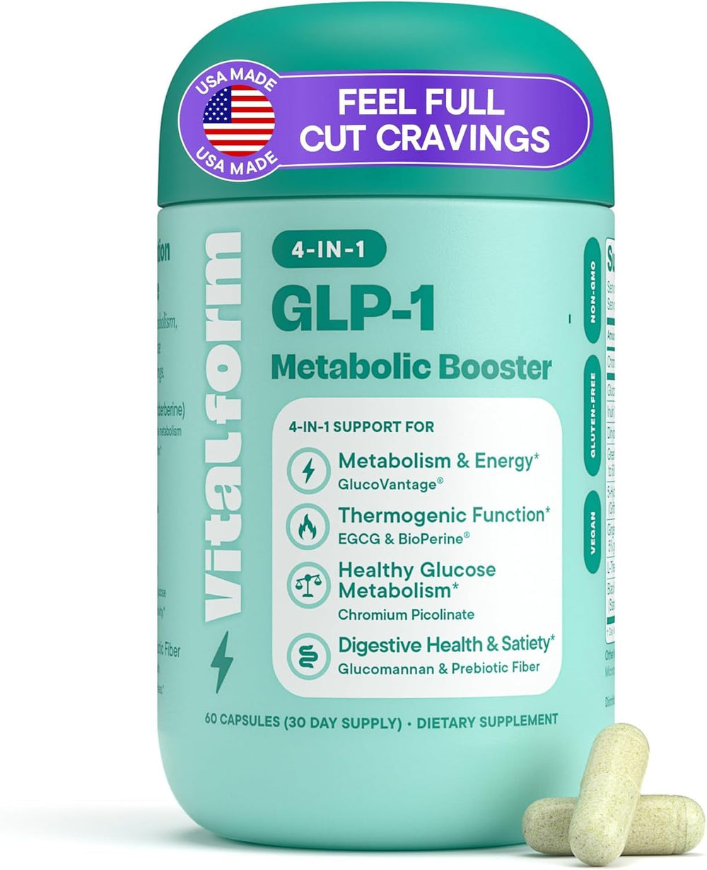 VitalForm GLP-1 bottle showing appetite balance for steadier meals.