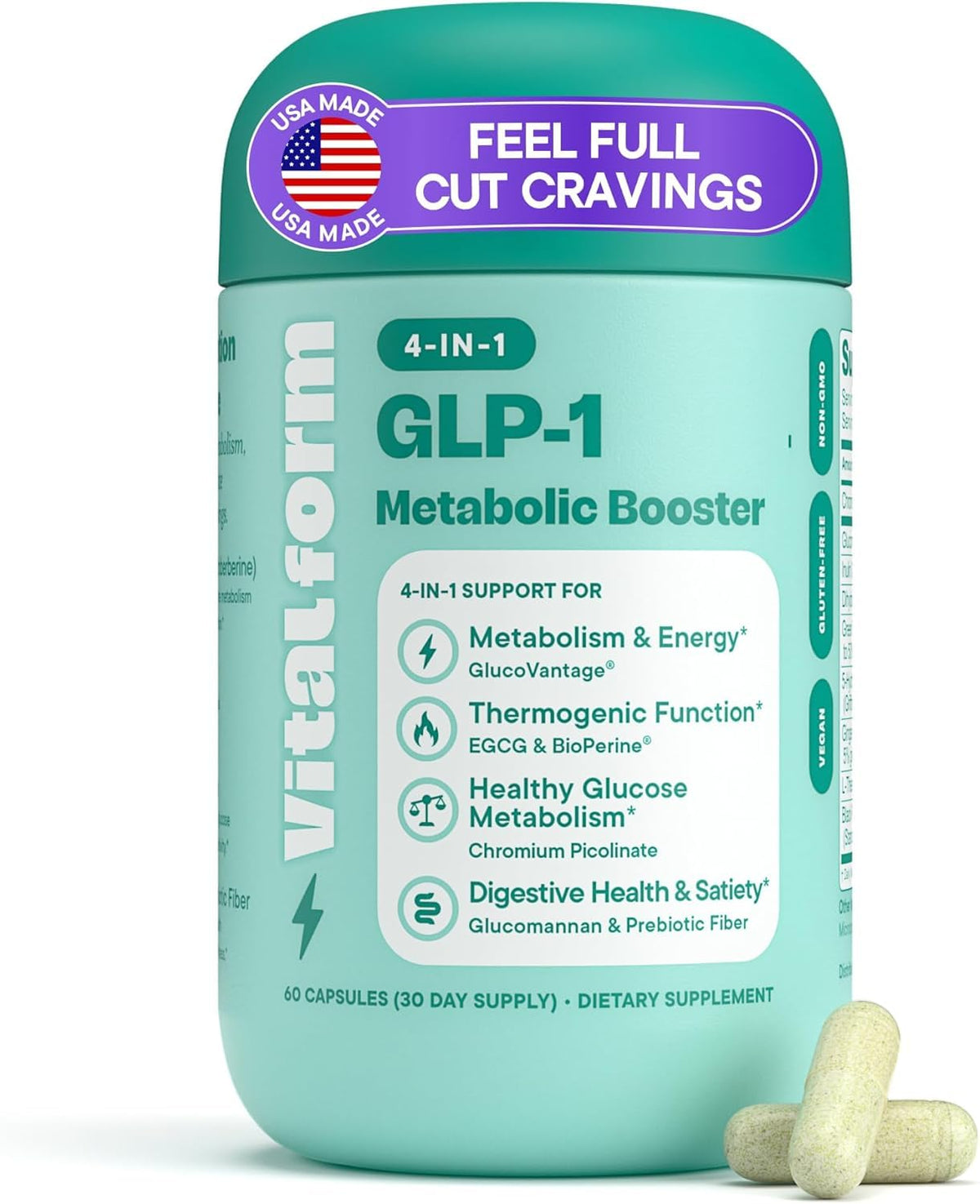 VitalForm GLP-1 bottle showing appetite balance for steadier meals.
