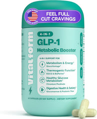 VitalForm GLP-1 bottle showing appetite balance for steadier meals.