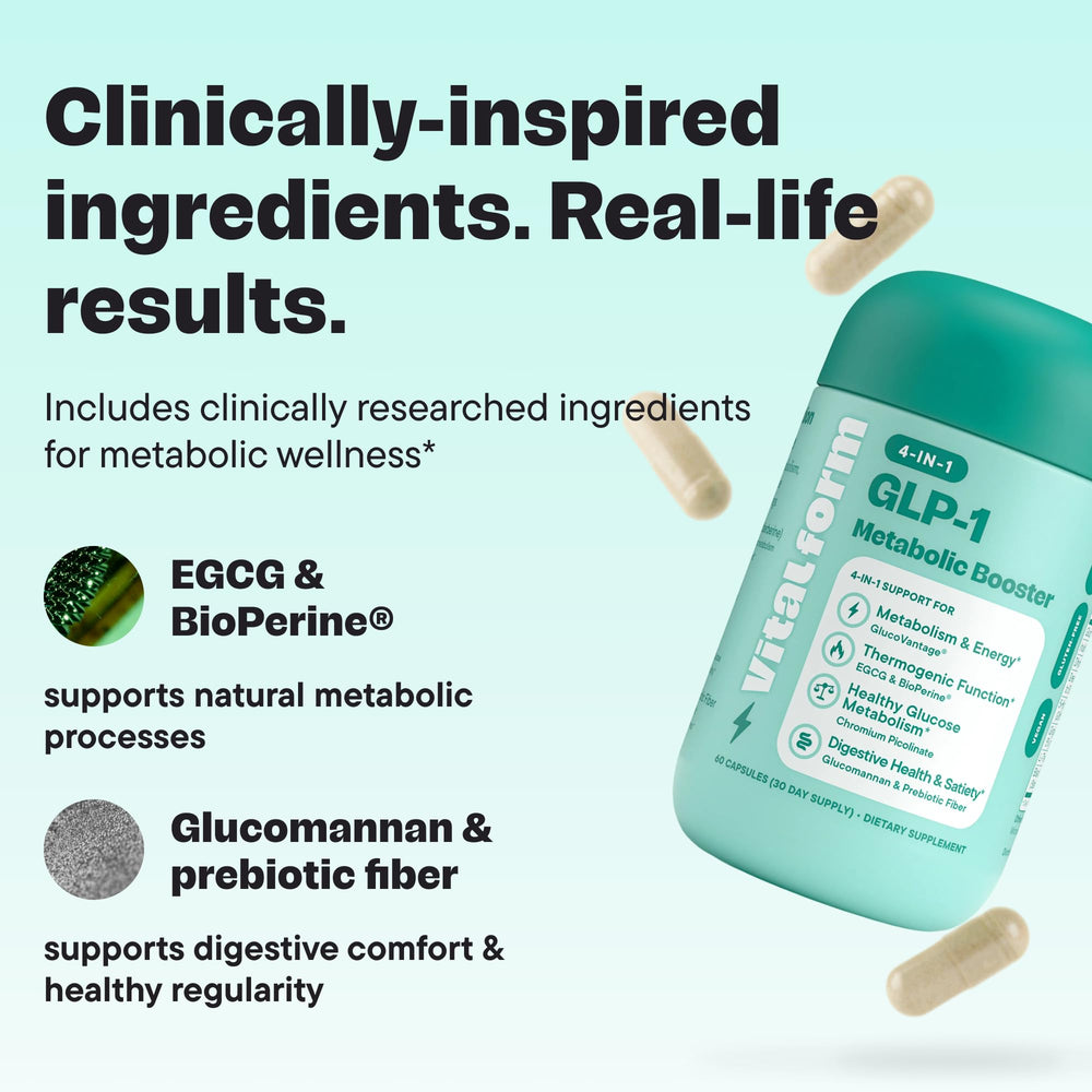 VitalForm GLP-1 vegan capsules noting non-GMO and gluten-free formula.