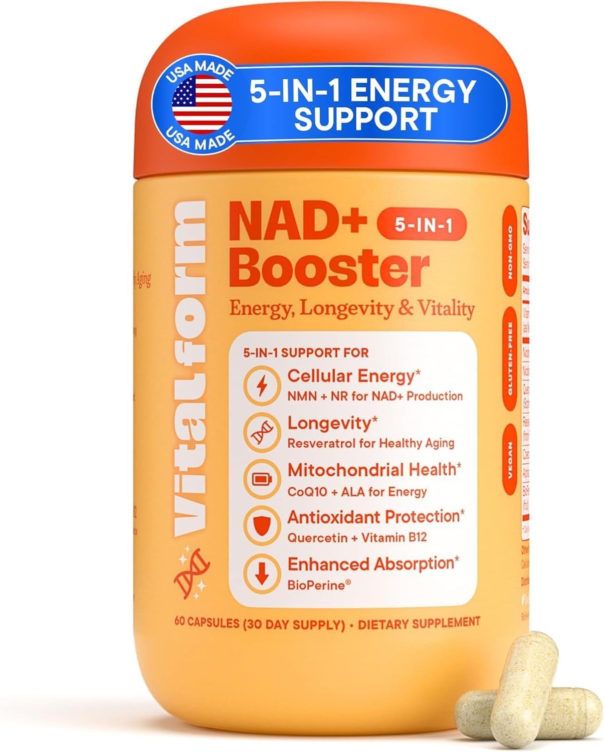 VitalForm NAD+ supplement bottle with a clear, informative label.