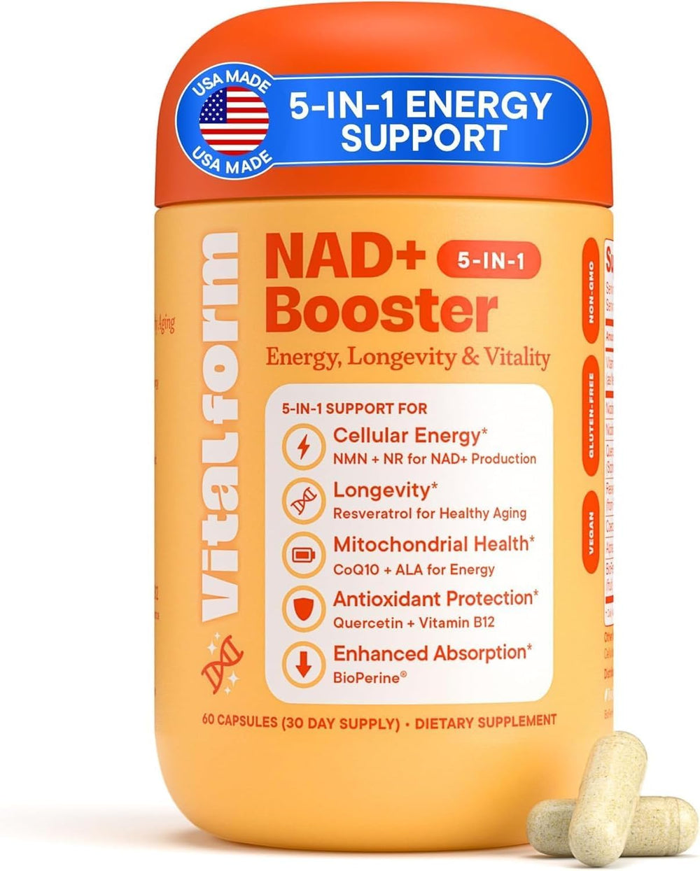 VitalForm NAD+ supplement bottle with a clear, informative label.