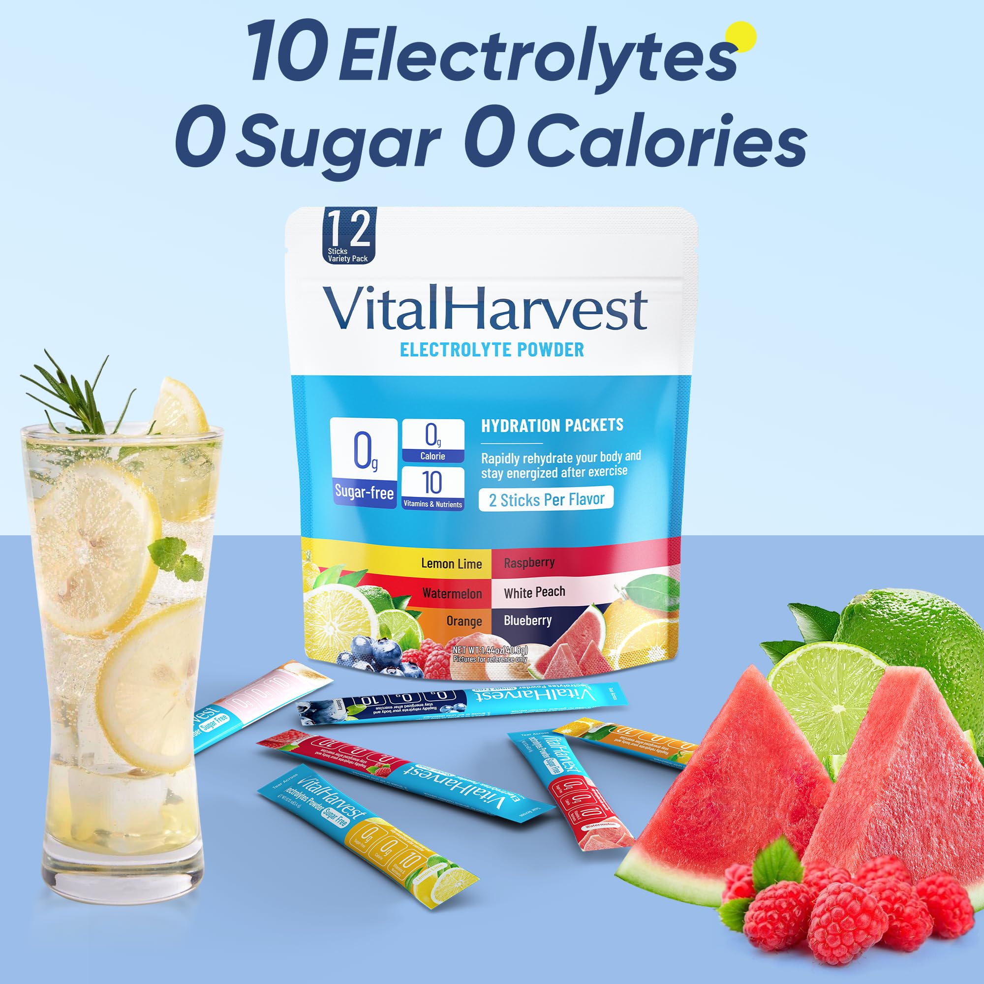 VitalHarvest white peach electrolyte packet for a light, fragrant thirst-quencher