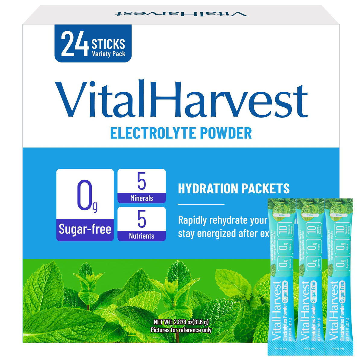 VitalHarvest 24 Sticks box front showing portable hydration solution for on-the-go use