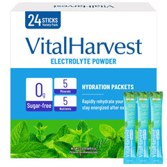 VitalHarvest 24 Sticks box front showing portable hydration solution for on-the-go use