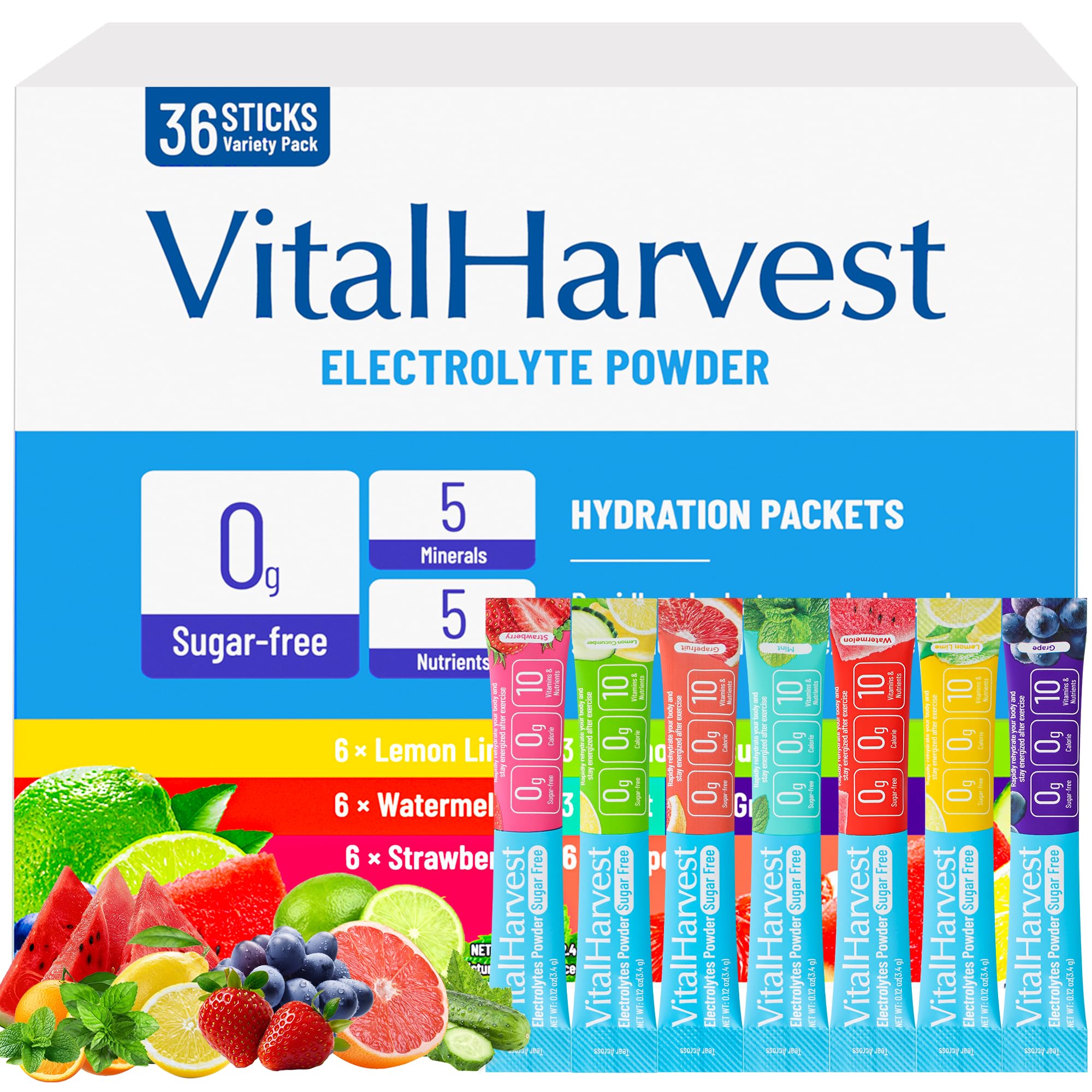 VitalHarvest electrolyte packets lemon lime for on-the-go hydration during workouts.