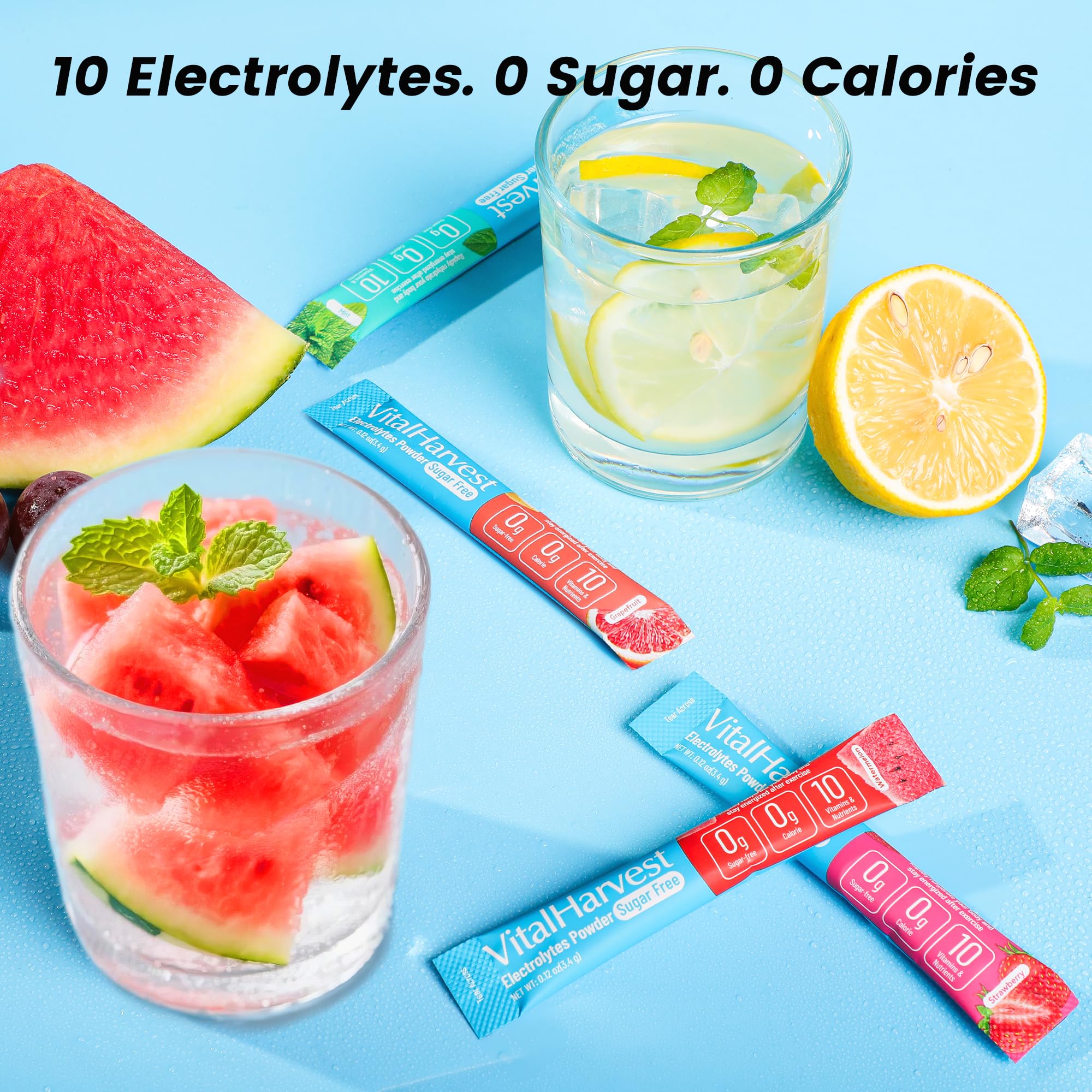 VitalHarvest electrolyte packets strawberry flavor for sugar-free hydration on the move.