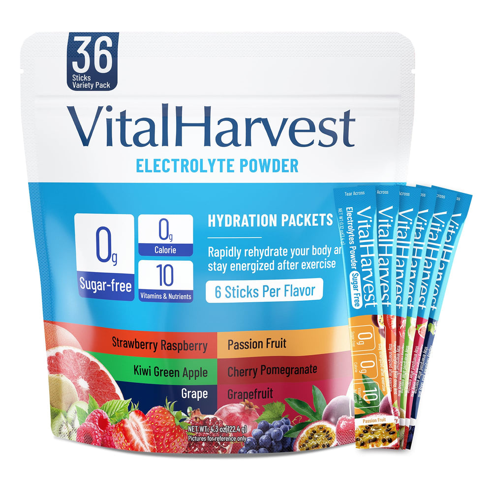 VitalHarvest 36 sticks hydration packet dissolving in water with strawberry raspberry flavor for quick refreshment