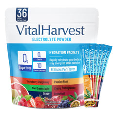 VitalHarvest 36 sticks hydration packet dissolving in water with strawberry raspberry flavor for quick refreshment