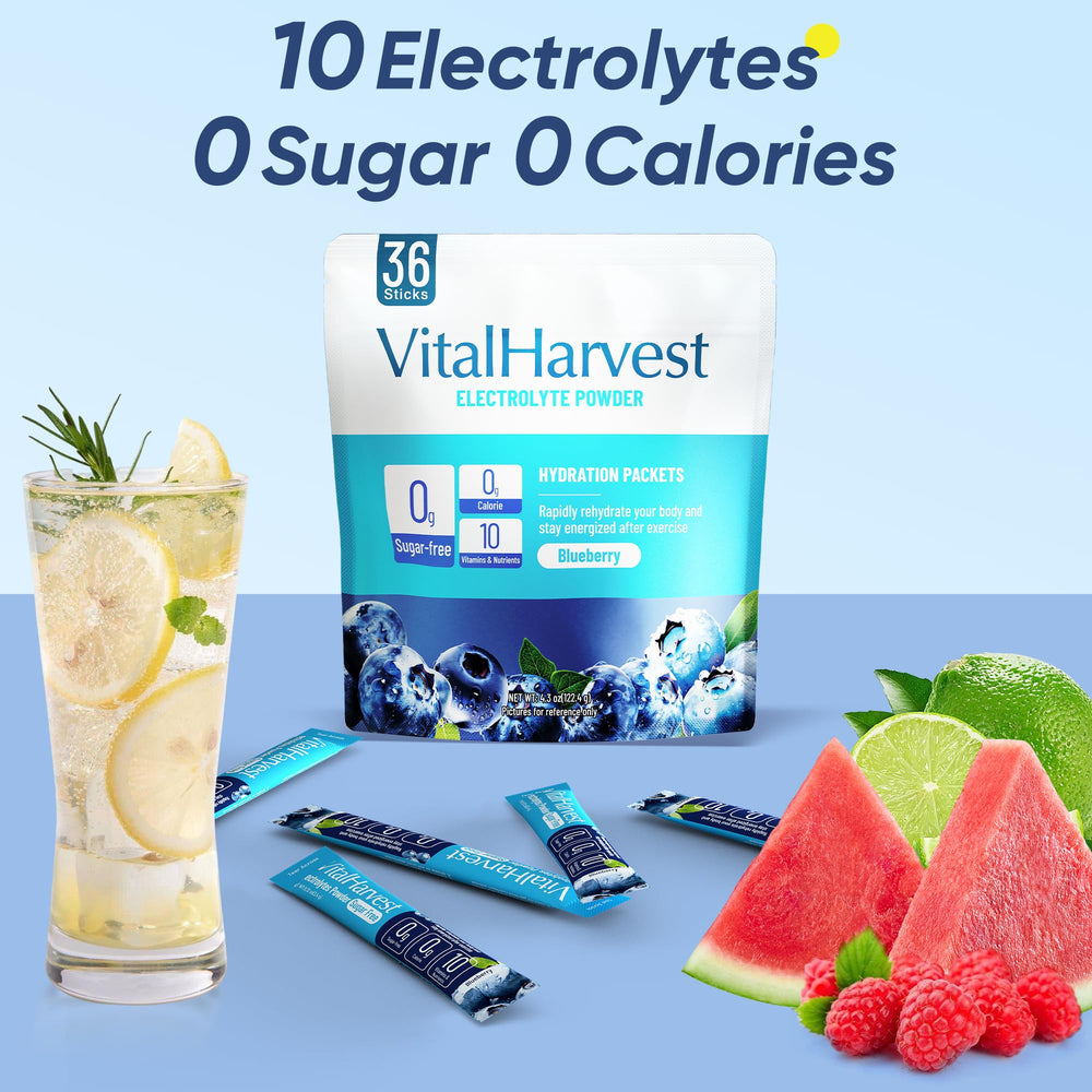 Blue VitalHarvest packaging emphasizing sugar-free hydration.