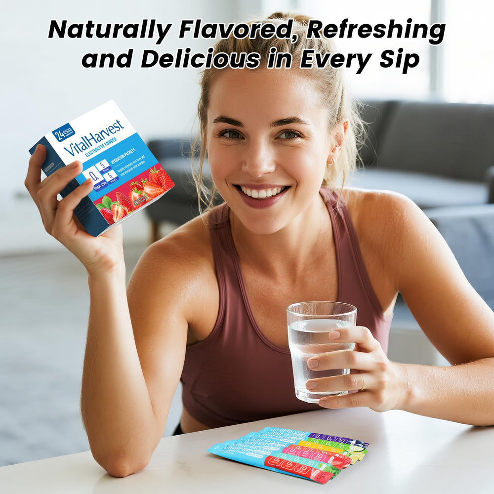 VitalHarvest fast-dissolve electrolyte pack dissolving in water