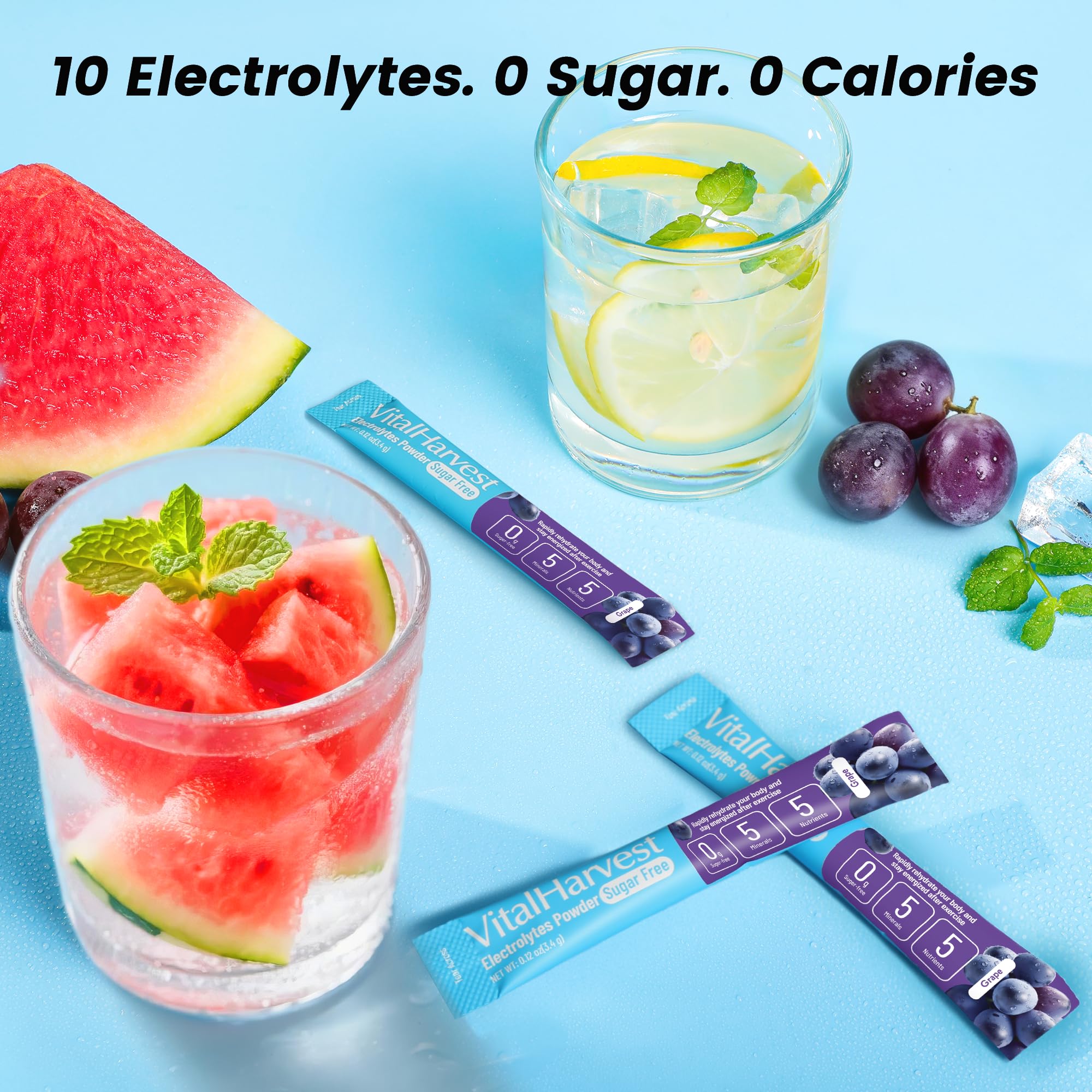 VitalHarvest grape packets dissolving in water refreshing hydration after workouts