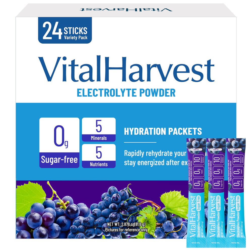 VitalHarvest grape electrolyte packets front view for quick hydration on the go