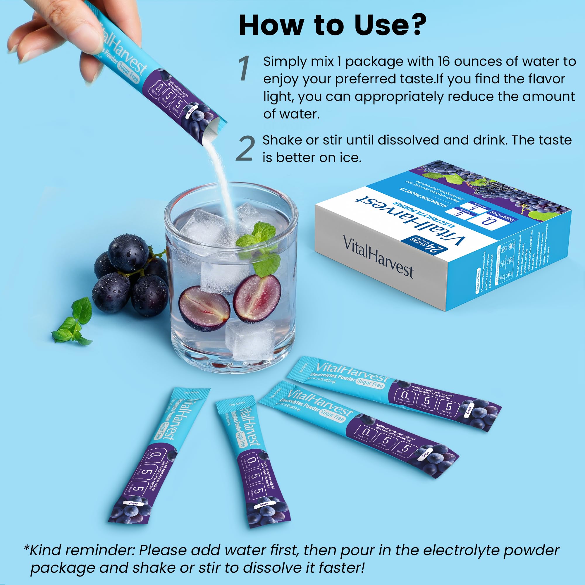 VitalHarvest grape electrolyte packets ready to mix for fast hydration