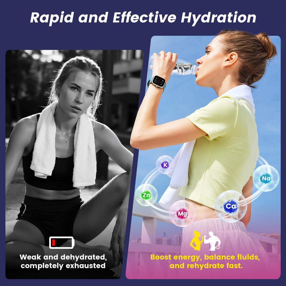 VitalHarvest travel packets beside a glass for rapid hydration