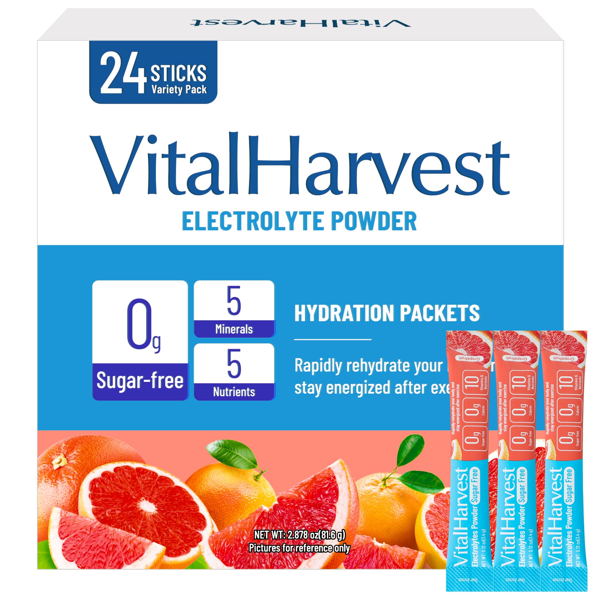 VitalHarvest grapefruit electrolyte packet ready for quick on the go hydration.