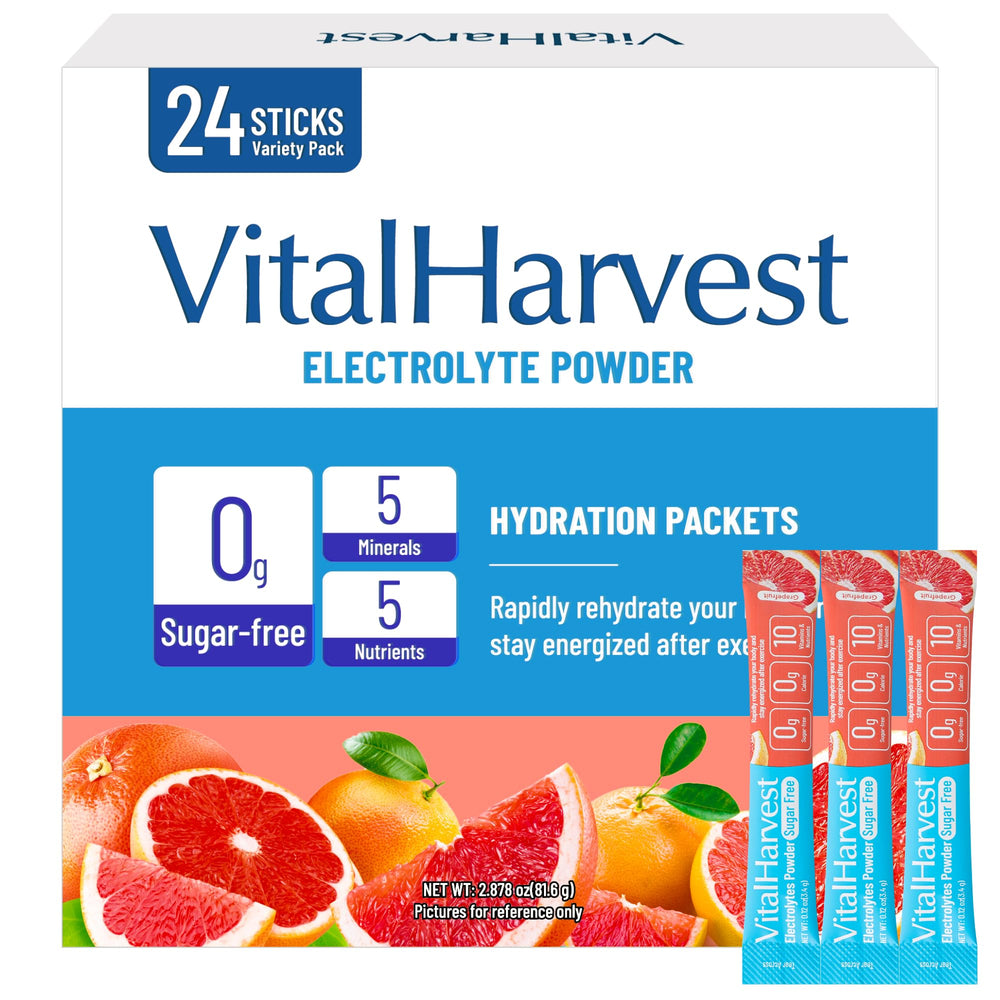 VitalHarvest grapefruit electrolyte packet ready for quick on the go hydration.