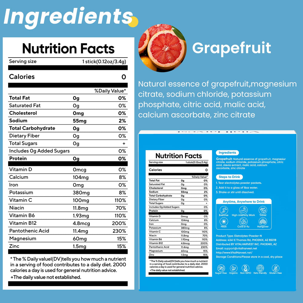Dissolving VitalHarvest grapefruit electrolyte packet in a glass of water.