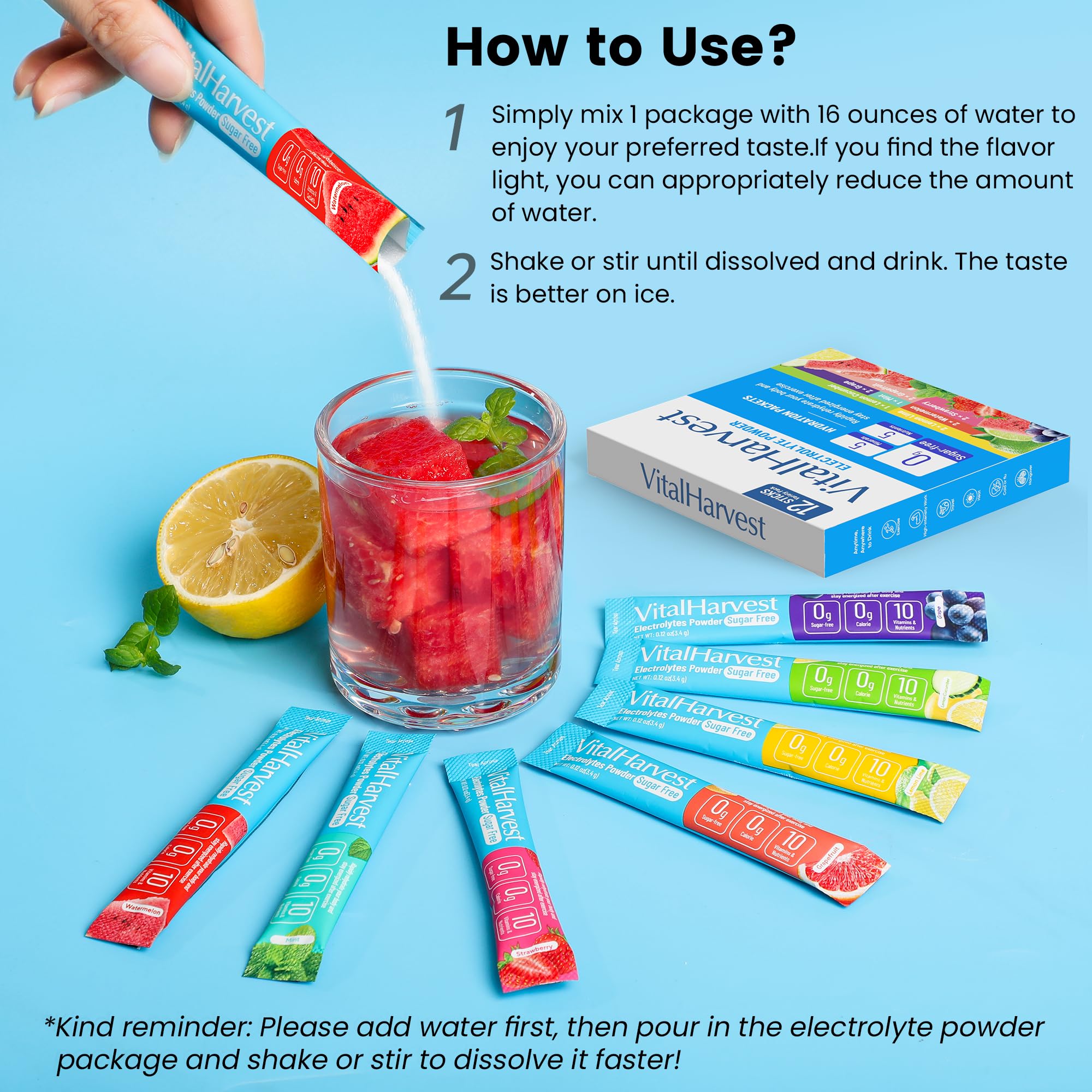 VitalHarvest Lemon Cucumber electrolyte packet keeps you refreshed during hot-weather tasks.