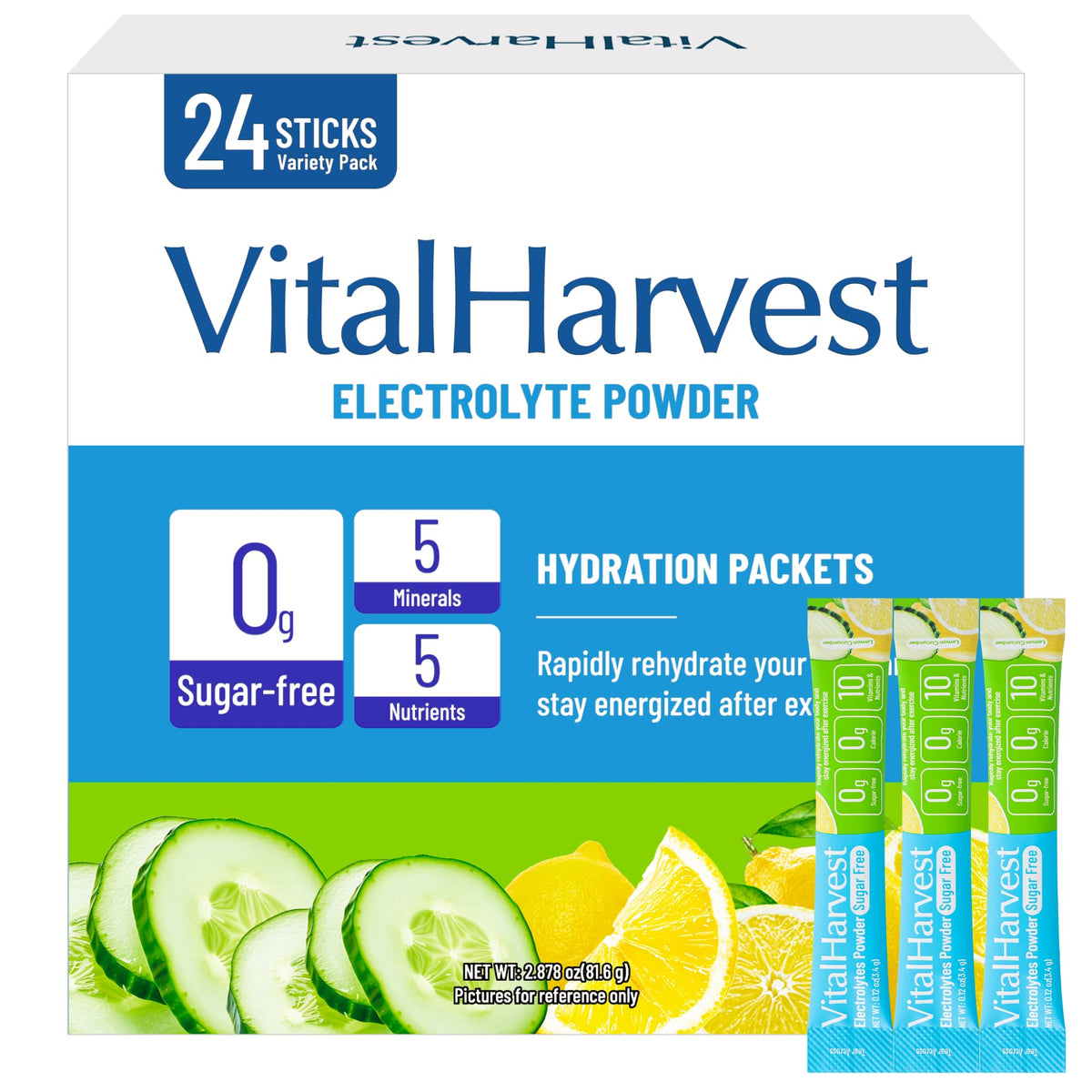 VitalHarvest lemon cucumber electrolyte packet close-up, sugar-free hydration on the go.