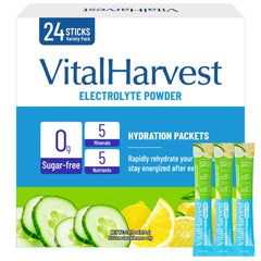 VitalHarvest lemon cucumber electrolyte packet close-up, sugar-free hydration on the go.