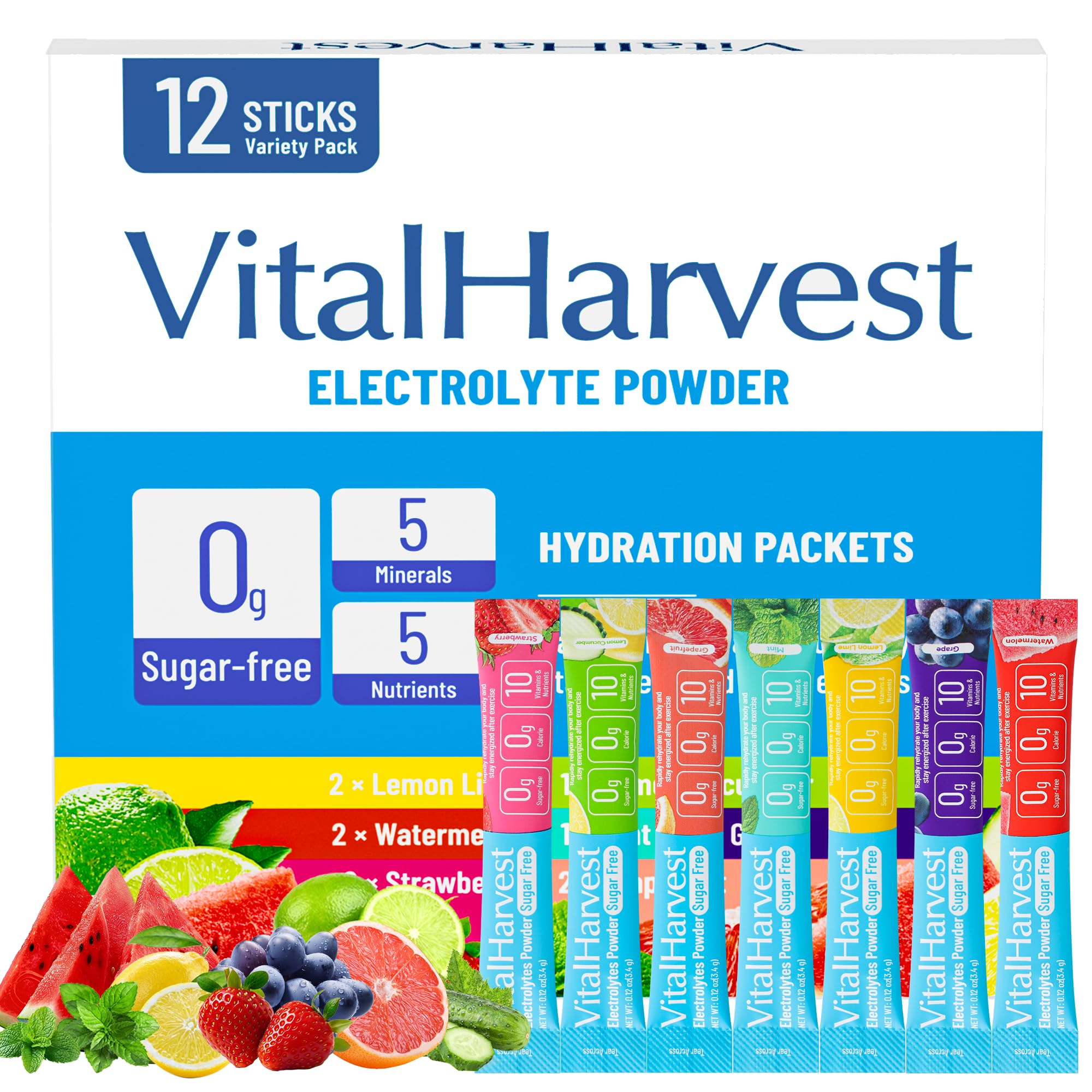 VitalHarvest Lemon Lime electrolyte packet for fast hydration on the go.