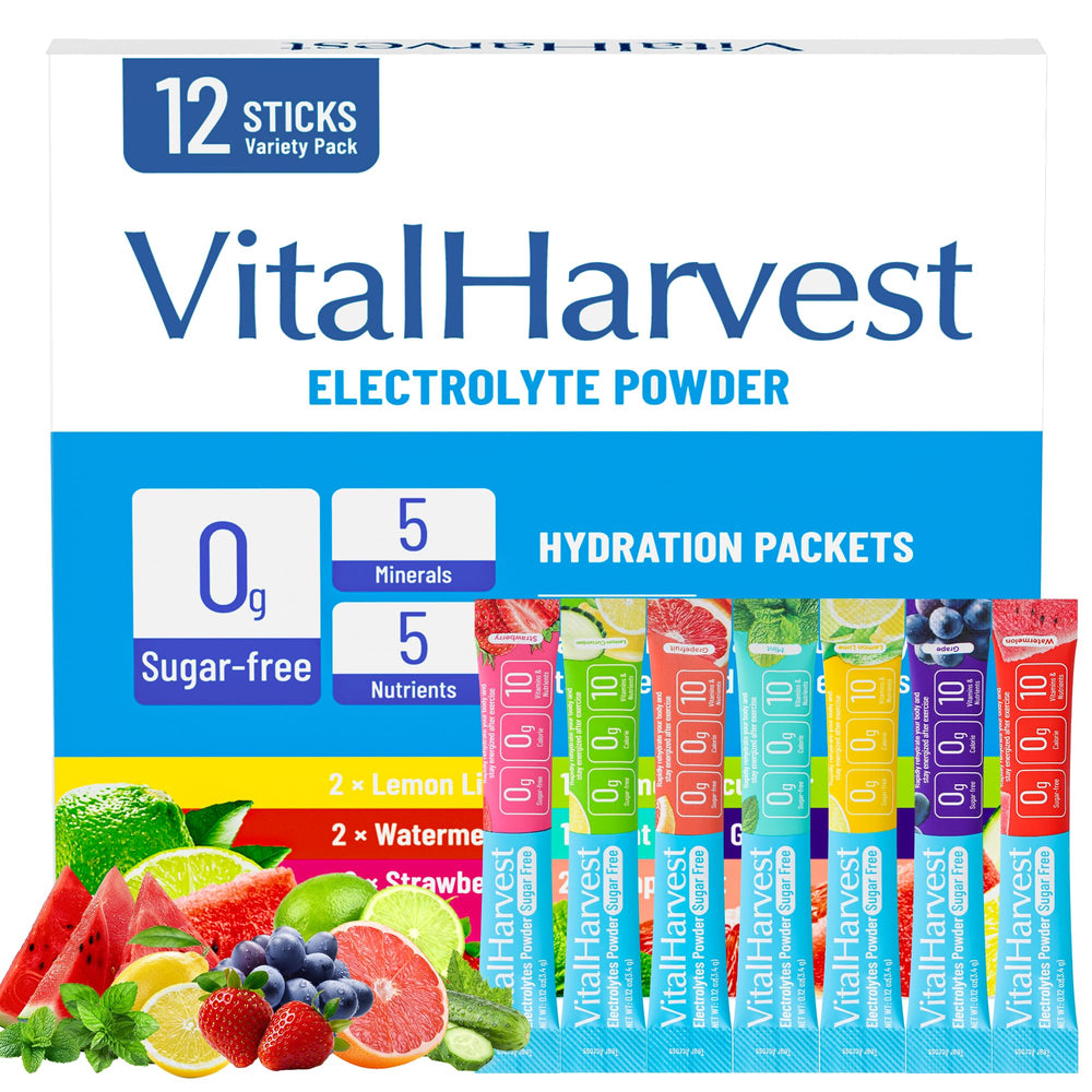 VitalHarvest Lemon Lime electrolyte packet for fast hydration on the go.