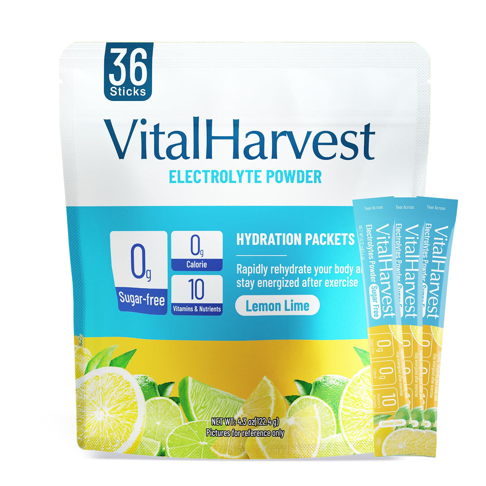 VitalHarvest lemon-lime electrolyte packet ready for on-the-go hydration.