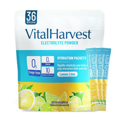VitalHarvest lemon-lime electrolyte packet ready for on-the-go hydration.