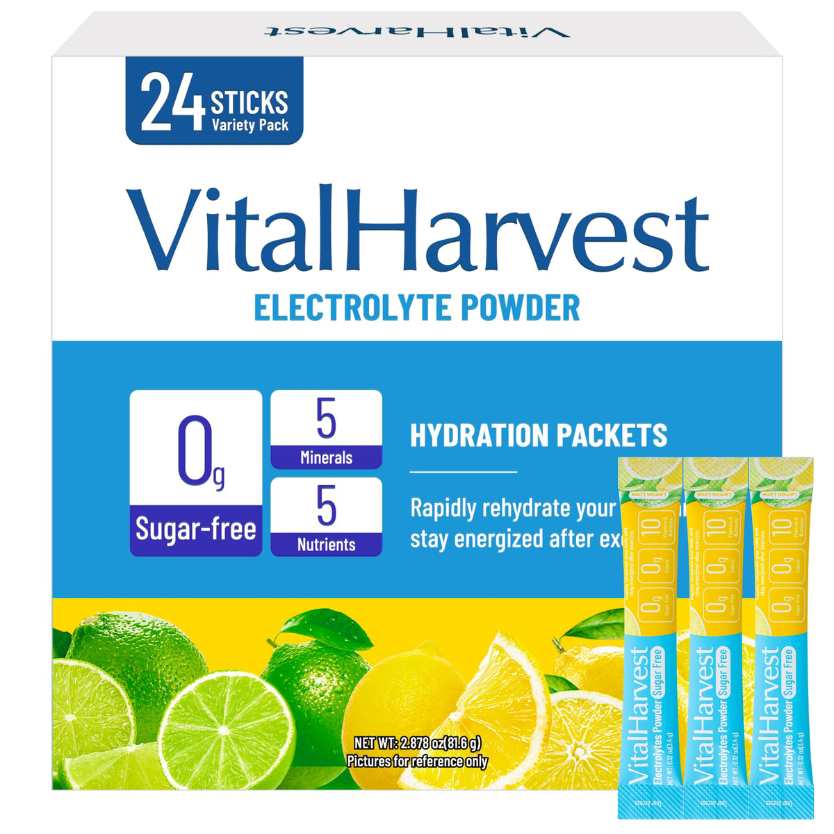 VitalHarvest Lemon Lime packets ready to mix for quick hydration.