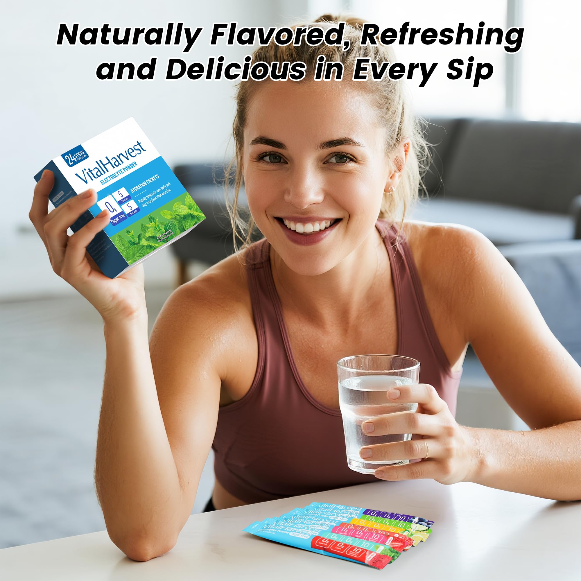VitalHarvest mint-flavored electrolyte dissolving in water for refreshing hydration