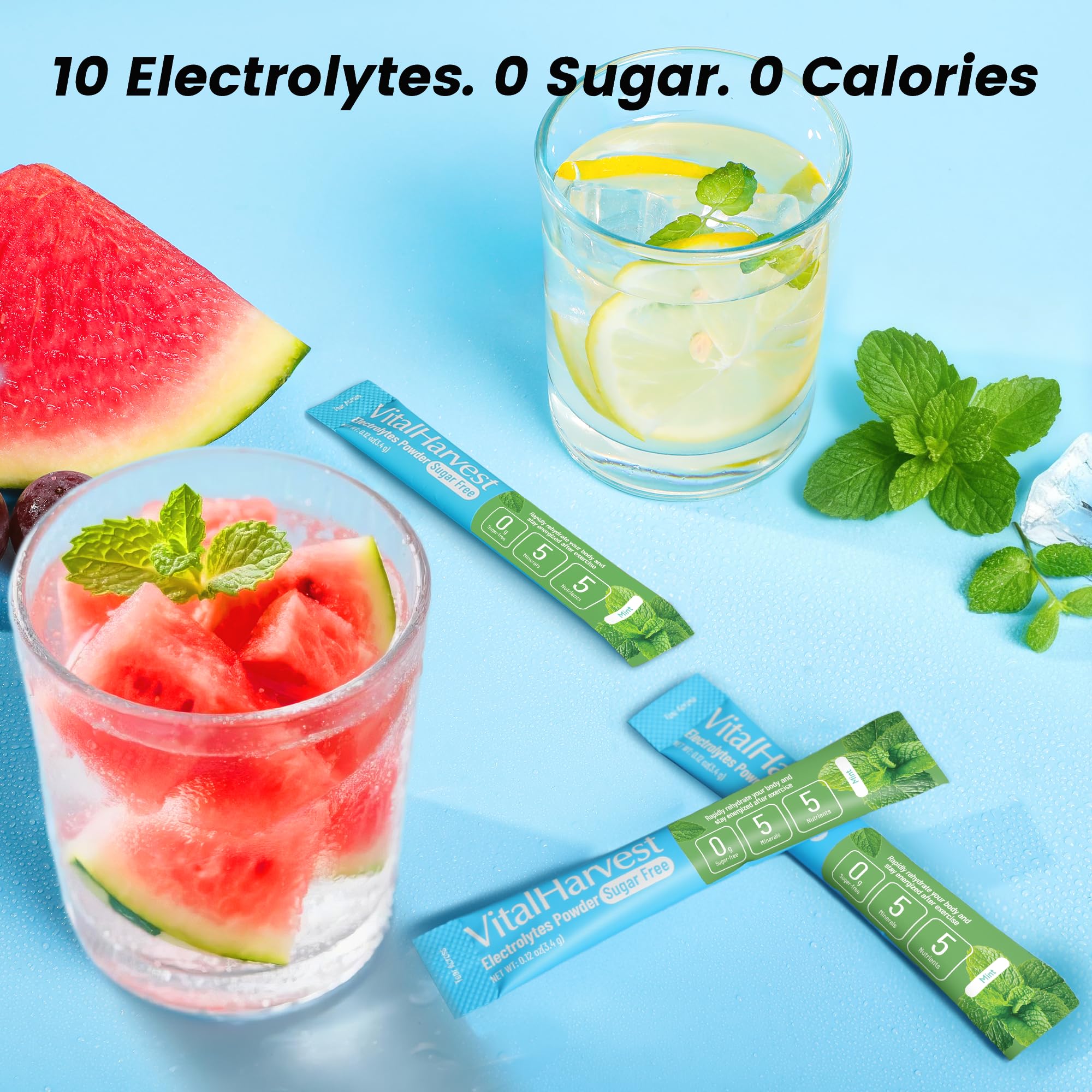 VitalHarvest packet dissolving in water showing quick mix and mint flavor