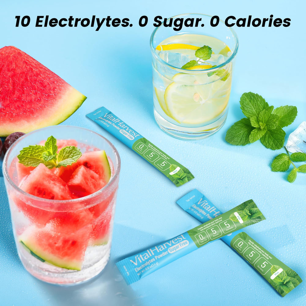 VitalHarvest packet dissolving in water showing quick mix and mint flavor